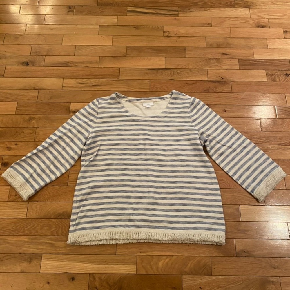 J. Jill Womens Medium Blue Cream Striped Fringe Trim 3/4 Sleeve Knit Top